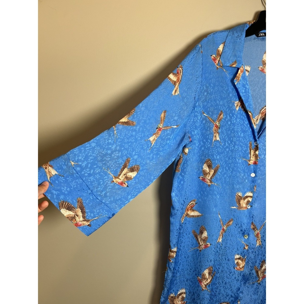 Zara Women's size L flowy bird print long shirt or swim Coverup satin material - Picture 10 of 14